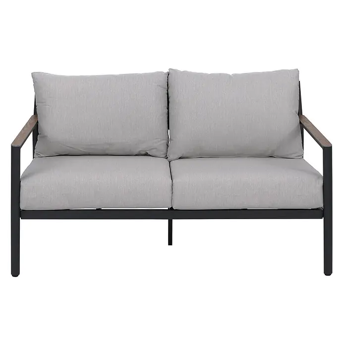 Mendler Loungemöbel-Set HWC-P79 - 4 -tlg., Metall, Hellgrau, Hellgrau - Zweisitziges Outdoor-Sofa mit hellgrauen Kissen, dunkelgrauem Metallrahmen und Holzarmlehnen.