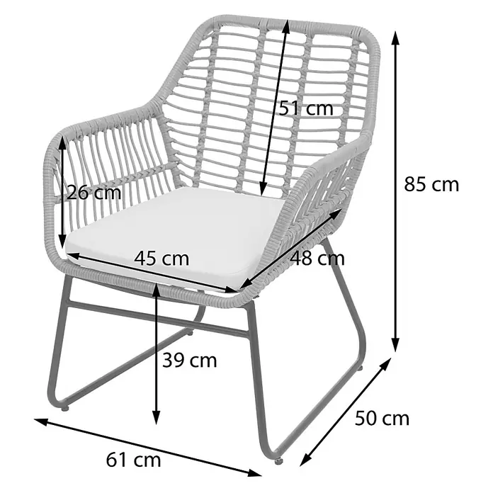 Mendler Loungemöbel-Set HWC-G17 - 4 -tlg., Polyrattan, Anthrazit, Polster anthrazit ohne Dekokissen, Anthrazit, Polster anthrazit - Grauer Rattansessel mit weißem Kissen und Metallbeinen, Maße wie Höhe, Breite und Sitzhöhe sind abgebildet.