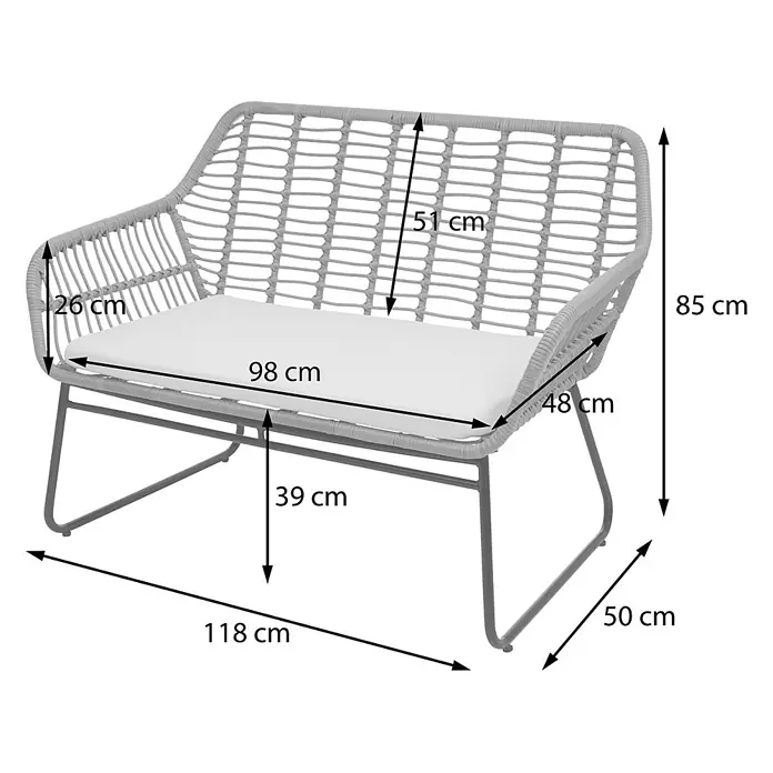 Mendler Loungemöbel-Set HWC-G17 - 4 -tlg., Polyrattan, Anthrazit, Polster anthrazit ohne Dekokissen, Anthrazit, Polster anthrazit - Graue Outdoor-Bank in Rattan-Optik mit weißem Kissen.