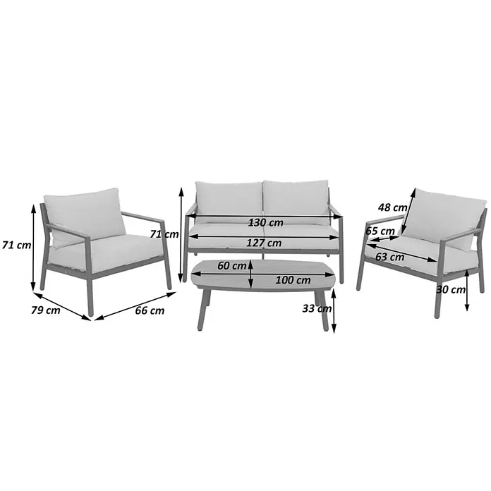Mendler Loungemöbel-Set HWC-P79 - 4 -tlg., Metall, Creme-beige, Creme-beige - Gartenlounge-Set aus grauem Metall: zwei Sessel, ein Zweisitzer-Sofa und ein Couchtisch mit hellen Kissen.