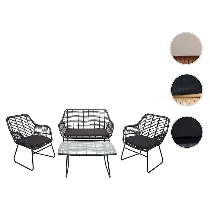 Mendler Loungemöbel-Set HWC-G17 - 4 -tlg., Polyrattan, Anthrazit, Polster anthrazit ohne Dekokissen, Anthrazit, Polster anthrazit - Ein schwarzes Outdoor-Rattan-Set, bestehend aus zwei Sesseln, einem Zweisitzer-Sofa und einem Couchtisch mit Glasplatte, alle mit schwarzen Kissen.