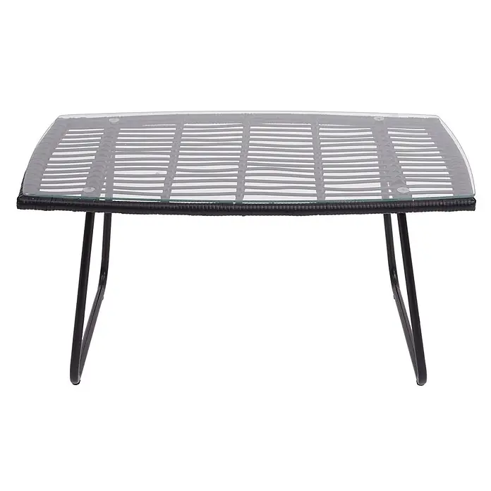 Mendler Loungemöbel-Set HWC-G17 - 4 -tlg., Polyrattan, Anthrazit, Polster anthrazit ohne Dekokissen, Anthrazit, Polster anthrazit - Schwarzer geflochtener Outdoor-Beistelltisch mit Glasplatte und gebogenen schwarzen Metallbeinen.