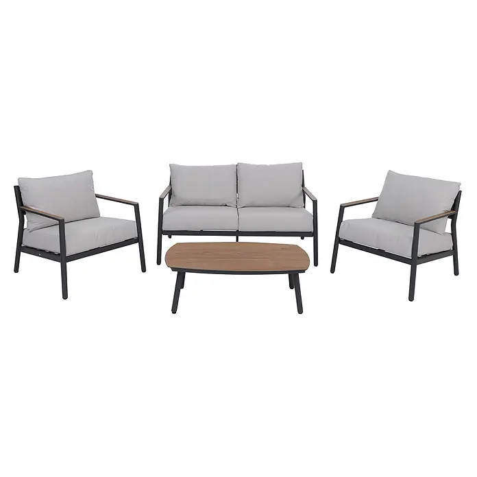 Mendler Loungemöbel-Set HWC-P79 - 4 -tlg., Metall, Hellgrau, Hellgrau - Anthrazitfarbene Aluminium-Loungegruppe mit hellgrauen Polstern, Armlehnen und Couchtisch in Holzoptik.