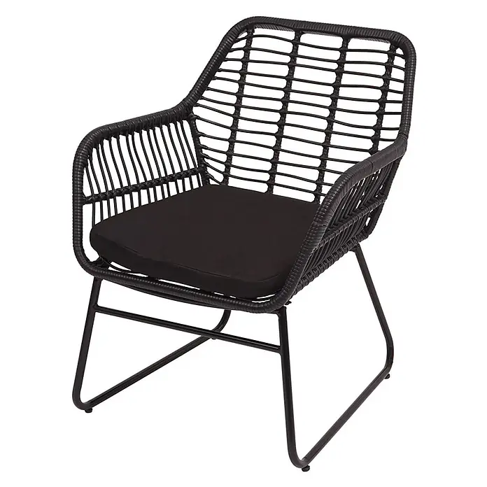 Mendler Loungemöbel-Set HWC-G17 - 4 -tlg., Polyrattan, Anthrazit, Polster anthrazit ohne Dekokissen, Anthrazit, Polster anthrazit - Schwarzer Korbsessel mit schwarzem Kissen und minimalistischem schwarzem Metallgestell.