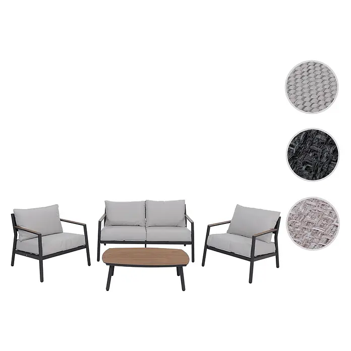 Mendler Loungemöbel-Set HWC-P79 - 4 -tlg., Metall, Hellgrau, Hellgrau - Outdoor-Lounge-Set mit zwei Sesseln, Zweisitzer-Sofa und Couchtisch, dunklen Rahmen, hellgrauen Kissen und Holzdetails.