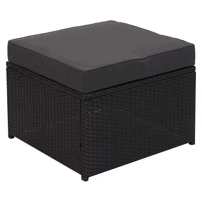 Mendler Poly-Rattan Garnitur HWC-J34 Staufach - schwarz, Kissen dunkelgrau -  - Dunkelbrauner Rattan-Ottoman für draußen mit dickem dunkelgrauem Kissen.