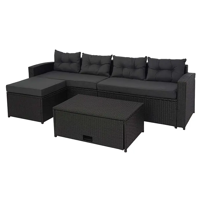 Mendler Poly-Rattan Garnitur HWC-J34 Staufach - schwarz, Kissen dunkelgrau -  - Dunkelgraues Rattan-Gartensofa-Set mit Kissen und passendem Couchtisch.