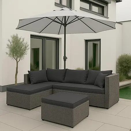 Mendler Poly-Rattan Garnitur HWC-O46 - grau Polster dunkelgrau