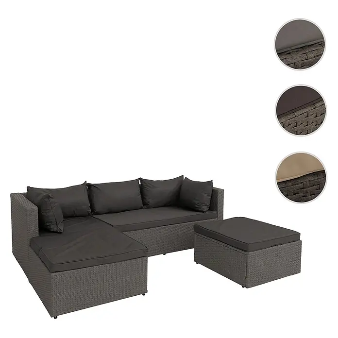 Mendler Poly-Rattan Garnitur HWC-O46 - grau Polster dunkelgrau -  - Graues Rattan-Ecksofa mit dunkelgrauen Kissen und passendem Ottoman.