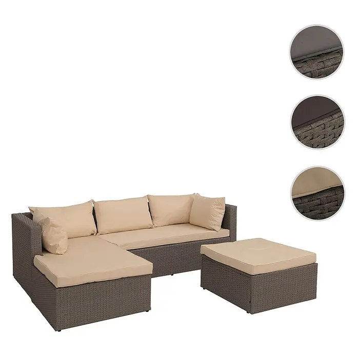 Mendler Loungemöbel-Set HWC-O46 - 3 -tlg., Polyrattan, Grau Polster beige, Grau, beige - Braune Rattan-Gartenloungegarnitur mit beigen Kissen, bestehend aus einem Ecksofa mit Chaiselongue und einem separaten Hocker.
