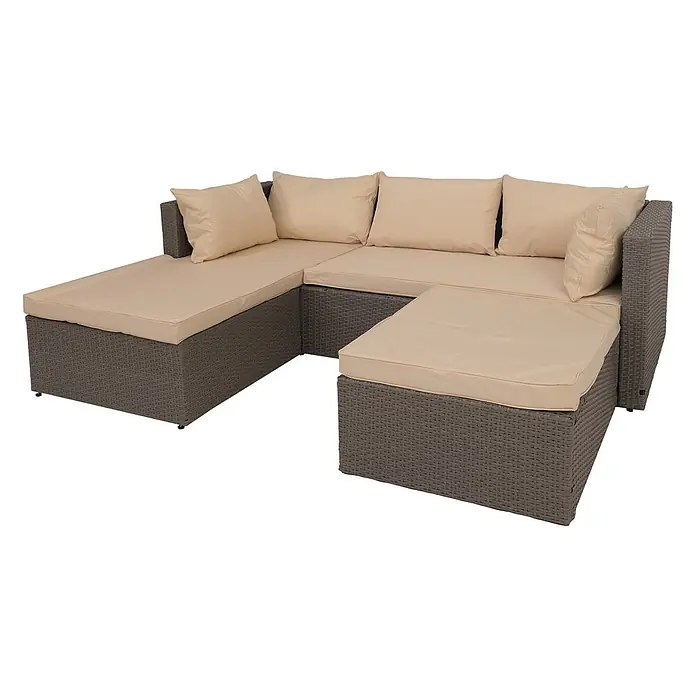 Mendler Loungemöbel-Set HWC-O46 - 3 -tlg., Polyrattan, Grau Polster beige, Grau, beige - U-förmiges Outdoor-Rattansofa mit beigen Kissen und passendem Hocker.