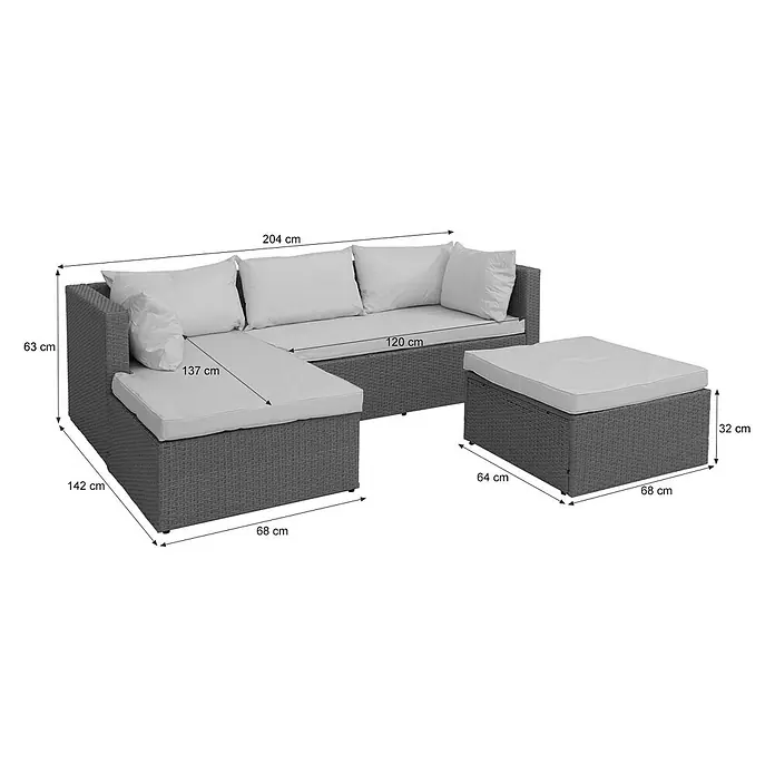 Mendler Loungemöbel-Set HWC-O46 - 3 -tlg., Polyrattan, Grau Polster beige, Grau, beige - Graue Rattan-Gartenlounge-Garnitur mit weißen Kissen und passendem Hocker, Maße angegeben.