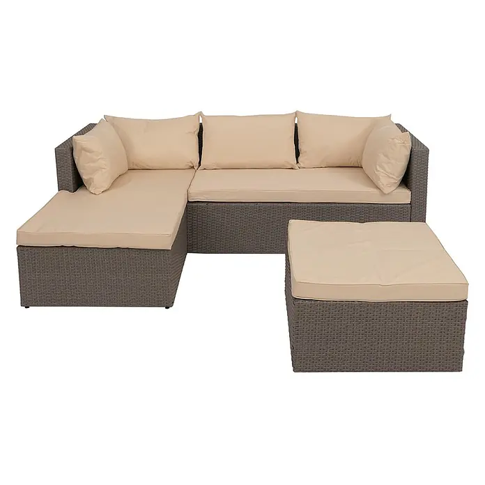 Mendler Loungemöbel-Set HWC-O46 - 3 -tlg., Polyrattan, Grau Polster beige, Grau, beige - Graues Polyrattan-Gartensofa mit Chaiselongue und passendem Ottoman, mit beigen Kissen.