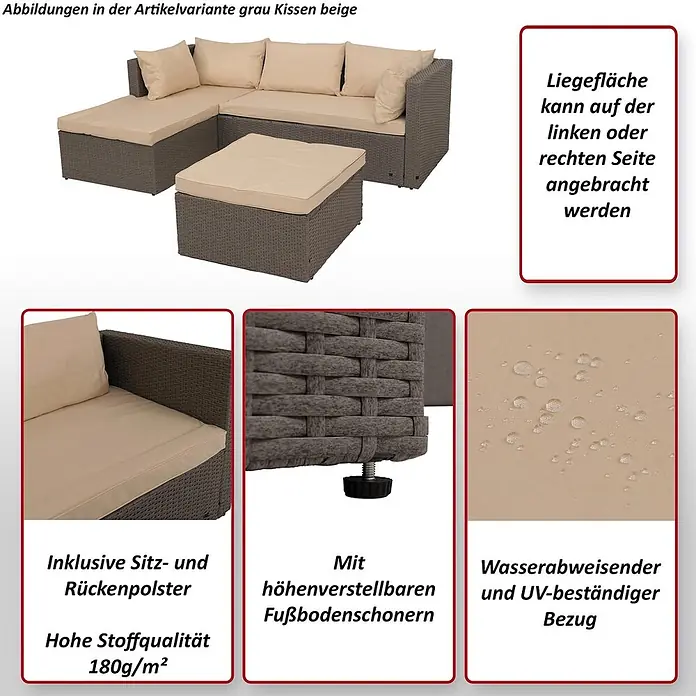 Mendler Loungemöbel-Set HWC-O46 - 3 -tlg., Polyrattan, Grau Polster beige, Grau, beige - Gartenlounge-Set mit grauem Rattan-Geflecht und beigen Kissen. Die Liegefläche ist beidseitig montierbar und die Bezüge sind wasserabweisend.