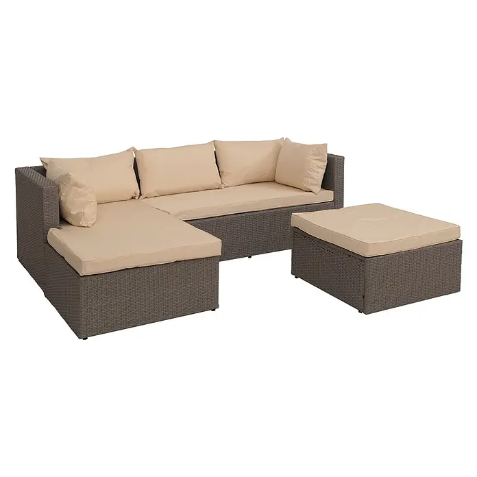 Mendler Loungemöbel-Set HWC-O46 - 3 -tlg., Polyrattan, Grau Polster beige, Grau, beige - Graues Polyrattan L-förmiges Lounge-Sofa mit cremefarbenen Kissen und passendem Hocker für den Außenbereich.