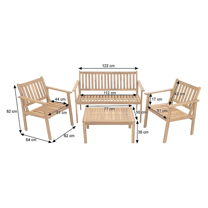 Mendler Loungemöbel-Set HWC-O19 - 4 -tlg., Holz, Kissen grau, Grau - Helle Holz-Gartenmöbelgarnitur mit zwei Sesseln, einer Bank und einem Couchtisch, die detaillierte Maße für jedes Stück zeigt.