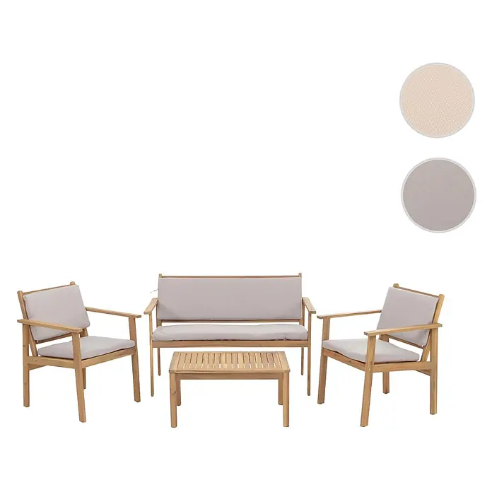 Mendler Loungemöbel-Set HWC-O19 - 4 -tlg., Holz, Kissen grau, Grau - Gartenlounge-Set aus hellem Holz mit zwei Sesseln, einem Zweisitzer-Sofa und einem Couchtisch, alle mit hellgrauen Kissen.
