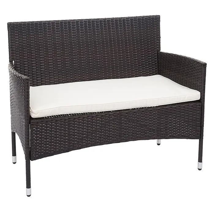 Mendler Loungemöbel-Set HWC-F55 - 4 -tlg., Polyrattan, Braun, Kissen creme, Braun, creme - Dunkelbraune Rattan-Gartenbank mit Armlehnen und weißem Sitzkissen.