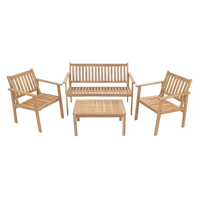 Mendler Loungemöbel-Set HWC-O19 - 4 -tlg., Holz, Kissen grau, Grau - Helles Holz 4-teiliges Outdoor-Lounge-Set: zwei Sessel, eine Zweisitzerbank und ein Couchtisch.