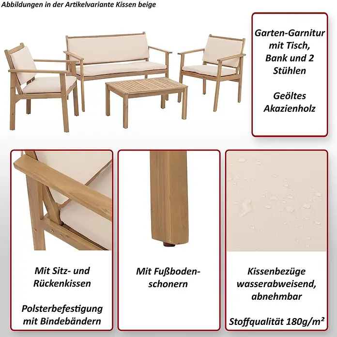 Mendler Loungemöbel-Set HWC-O19 - 4 -tlg., Holz, Kissen grau, Grau - Gartenmöbelset aus geöltem Akazienholz mit Tisch, Bank, 2 Stühlen und beigen, wasserabweisenden Kissen mit Bindebändern.
