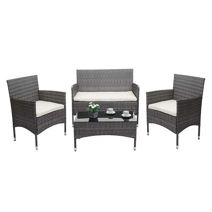 Mendler Loungemöbel-Set HWC-F55 - 4 -tlg., Polyrattan, Grau, Kissen creme, Grau, creme - Graues Rattan 4-teiliges Gartenmöbelset mit cremefarbenen Kissen und schwarzer Glasplatte.