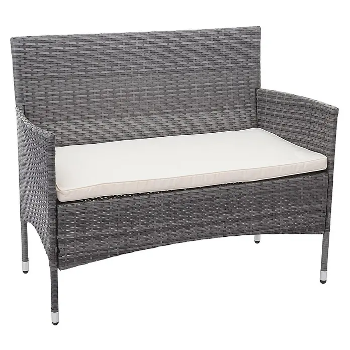 Mendler Loungemöbel-Set HWC-F55 - 4 -tlg., Polyrattan, Grau, Kissen creme, Grau, creme - Graue Rattan-Zweisitzer-Gartenbank mit weißem Kissen.