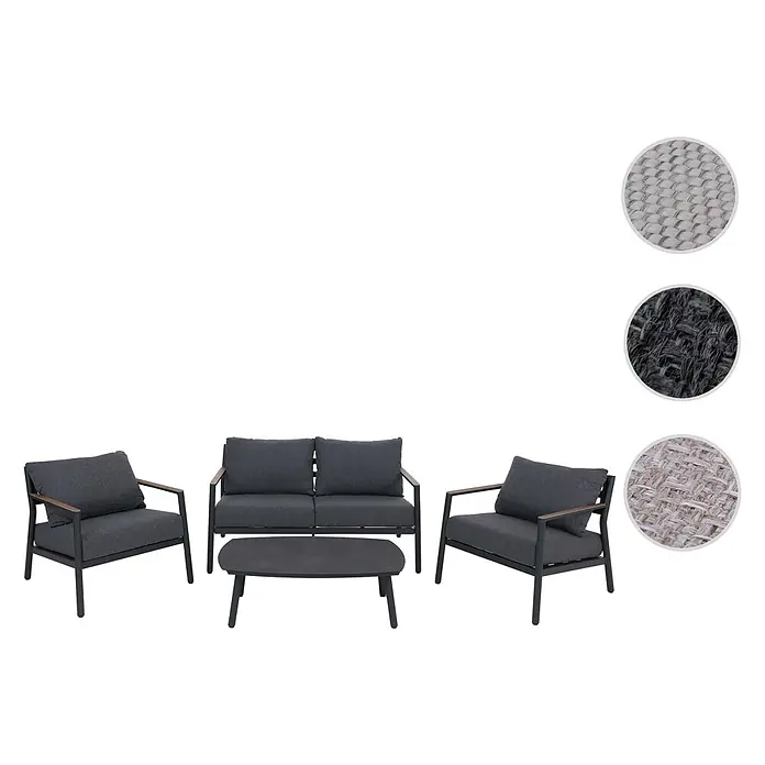 Mendler Loungemöbel-Set HWC-P79 - 4 -tlg., Metall, Dunkelgrau, Dunkelgrau - Dunkelgraues Outdoor-Loungeset mit Zweisitzer-Sofa, zwei Sesseln und Couchtisch, mit Metallrahmen und Holzarmlehnen.