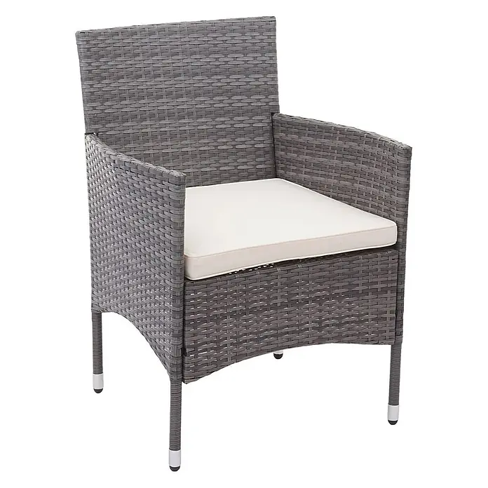Mendler Loungemöbel-Set HWC-F55 - 4 -tlg., Polyrattan, Grau, Kissen creme, Grau, creme - Grauer Rattan-Effekt Sessel mit Armlehnen und cremefarbenem Kissen.