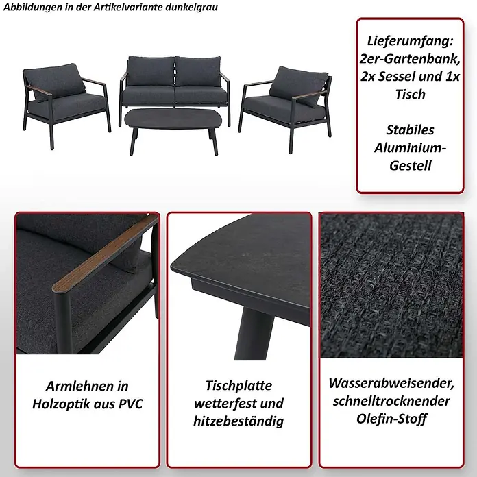 Mendler Loungemöbel-Set HWC-P79 - 4 -tlg., Metall, Dunkelgrau, Dunkelgrau - Dunkelgraue Gartenlounge aus Aluminium mit 2er-Bank, 2 Sesseln, Tisch. Armlehnen in Holzoptik, wetterfester Olefin-Stoff und Tischplatte.