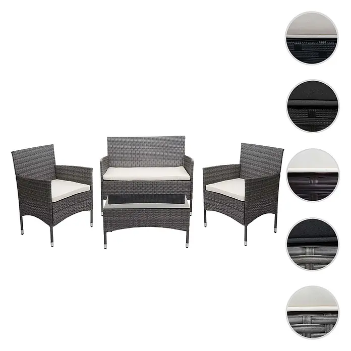Mendler Loungemöbel-Set HWC-F55 - 4 -tlg., Polyrattan, Grau, Kissen creme, Grau, creme - Graue Polyrattan-Gartenmöbelgarnitur mit weißen Kissen, bestehend aus zwei Sesseln, einem Zweisitzer-Sofa und einem Couchtisch mit Glasplatte.