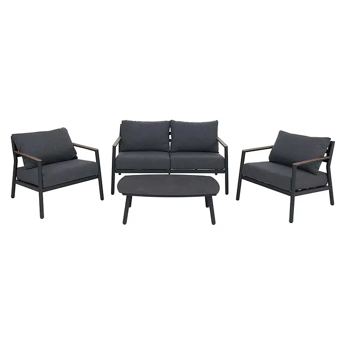 Mendler Loungemöbel-Set HWC-P79 - 4 -tlg., Metall, Dunkelgrau, Dunkelgrau - Dunkelgraue Outdoor-Lounge-Garnitur: zwei Sessel, ein Zweisitzer, ein Couchtisch. Mit anthrazitfarbenen Polstern, Metallrahmen und Holzarmlehnen.