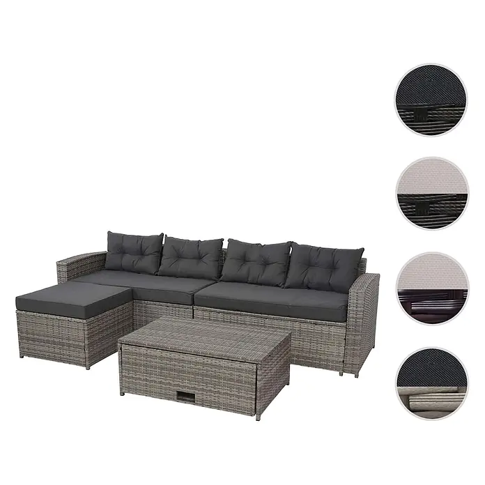Mendler Loungemöbel-Set HWC-J34 - 4 -tlg., Polyrattan, Grau, Kissen dunkelgrau, Grau - Graues Rattan-Gartensofa mit dunkelgrauen Kissen und passendem Couchtisch mit Ausziehschublade.
