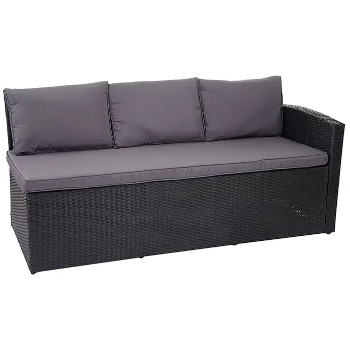 Mendler Loungemöbel-Set HWC-A29 - 2 -tlg., Polyrattan, Kissen dunkelgrau, Schwarz, dunkelgrau - Dunkelgraues 3-Sitzer Rattan-Gartensofa mit grauen Kissen und rechter Armlehne.