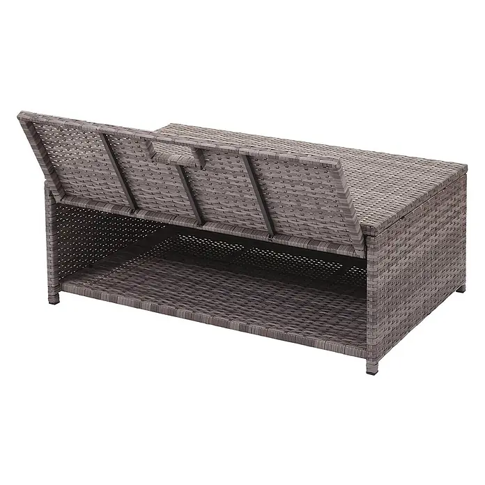 Mendler Loungemöbel-Set HWC-J34 - 4 -tlg., Polyrattan, Grau, Kissen dunkelgrau, Grau - Graue geflochtene Rattan-Sitzbank mit offenem Deckel und unterer Ablage.