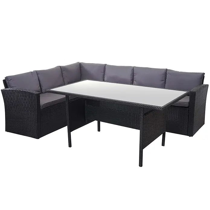 Mendler Loungemöbel-Set HWC-A29 - 2 -tlg., Polyrattan, Kissen dunkelgrau, Schwarz, dunkelgrau - Schwarzes Rattan L-förmiges Ecksofa mit dunkelgrauen Kissen und passendem Esstisch mit Glasplatte für den Außenbereich.