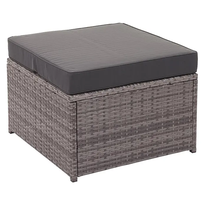 Mendler Loungemöbel-Set HWC-J34 - 4 -tlg., Polyrattan, Grau, Kissen dunkelgrau, Grau - Grauer Rattan-Outdoor-Hocker mit dunkelgrauem Kissen.