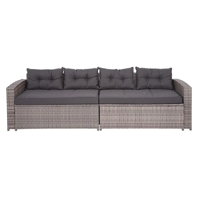 Mendler Loungemöbel-Set HWC-J34 - 4 -tlg., Polyrattan, Grau, Kissen dunkelgrau, Grau - Graues Rattan-Viersitzer-Gartensofa mit dunkelgrauen Kissen.