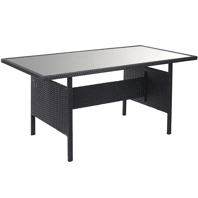Mendler Loungemöbel-Set HWC-A29 - 3 -tlg., Polyrattan, Kissen dunkelgrau, mit Bank, Schwarz, dunkelgrau - Schwarzer rechteckiger Outdoor-Tisch mit Glasplatte und geflochtenem Rattan-Gestell.