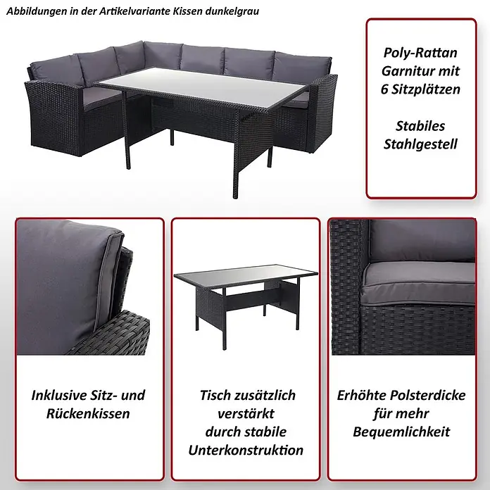Mendler Loungemöbel-Set HWC-A29 - 2 -tlg., Polyrattan, Kissen dunkelgrau, Schwarz, dunkelgrau - Dunkelgraue Poly-Rattan Gartenlounge-Garnitur mit Ecksofa, 6 Sitzplätzen und Glastisch.