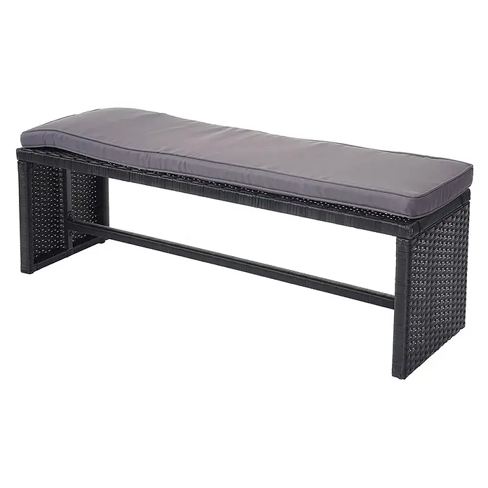 Mendler Loungemöbel-Set HWC-A29 - 3 -tlg., Polyrattan, Kissen dunkelgrau, mit Bank, Schwarz, dunkelgrau - Schwarze Outdoor-Bank im Rattan-Stil mit einem rechteckigen grauen Kissen.