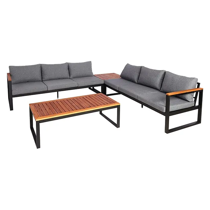 Mendler Garten-Garnitur HWC-L26 Aluminium - dunkelgrau -  - Schwarze Outdoor-Loungegruppe mit grauen Kissen und braunen Holzlattenplatten/-armlehnen, bestehend aus einem Ecksofa und einem Couchtisch.