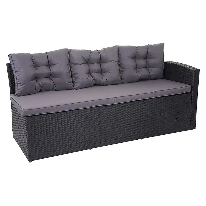 Mendler Loungemöbel-Set HWC-A29 - 3 -tlg., Polyrattan, Kissen dunkelgrau, mit Bank, Schwarz, dunkelgrau - Dunkelgraues Rattan-Ecksofa für den Außenbereich mit bequemen grauen Sitz- und Rückenkissen.