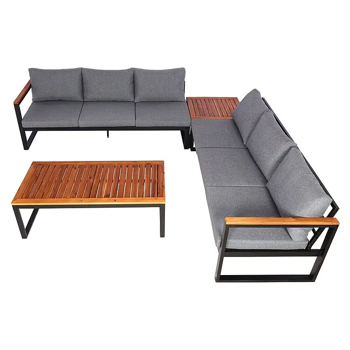 Mendler Garten-Garnitur HWC-L26 Aluminium - dunkelgrau -  - Modulares Outdoor-Sofa-Set mit grauen Polstern, schwarzem Metallgestell und Holzapplikationen, inklusive Couchtisch.