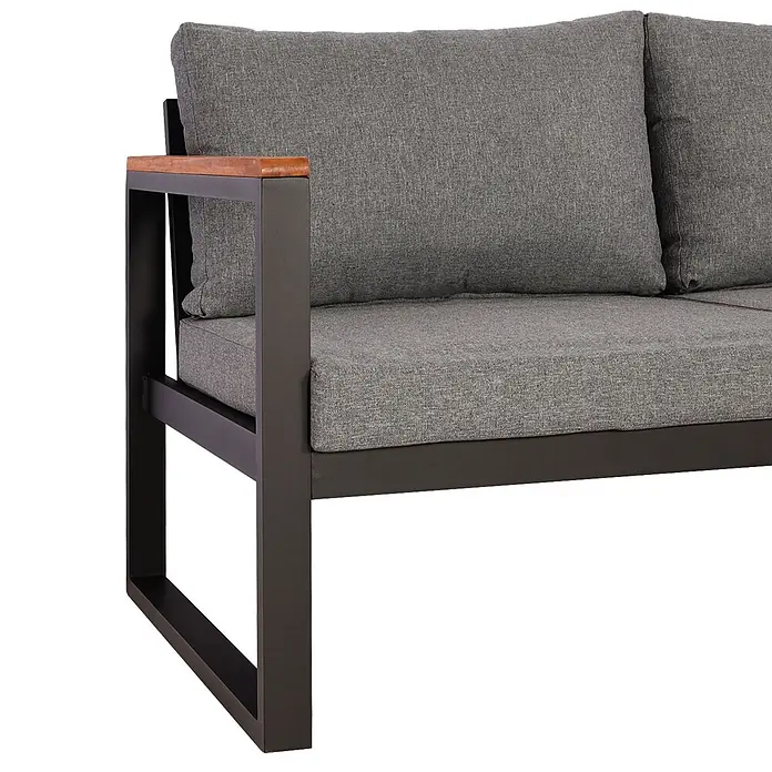 Mendler Garten-Garnitur HWC-L26 Aluminium - dunkelgrau -  - Zweisitziges Outdoor-Sofa mit dunkelgrauen Stoffkissen, dunklem Metallrahmen und Holzarmlehne.