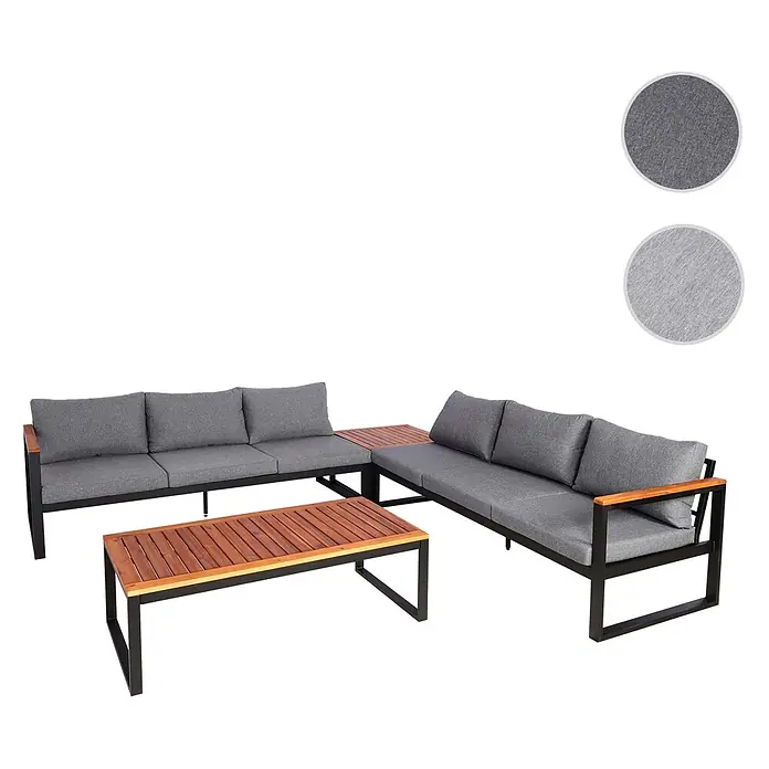Mendler Garten-Garnitur HWC-L26 Aluminium - dunkelgrau -  - Outdoor-Sofaset mit grauen Kissen, schwarzem Metallgestell und Holz-Akzenten, inklusive Couchtisch.