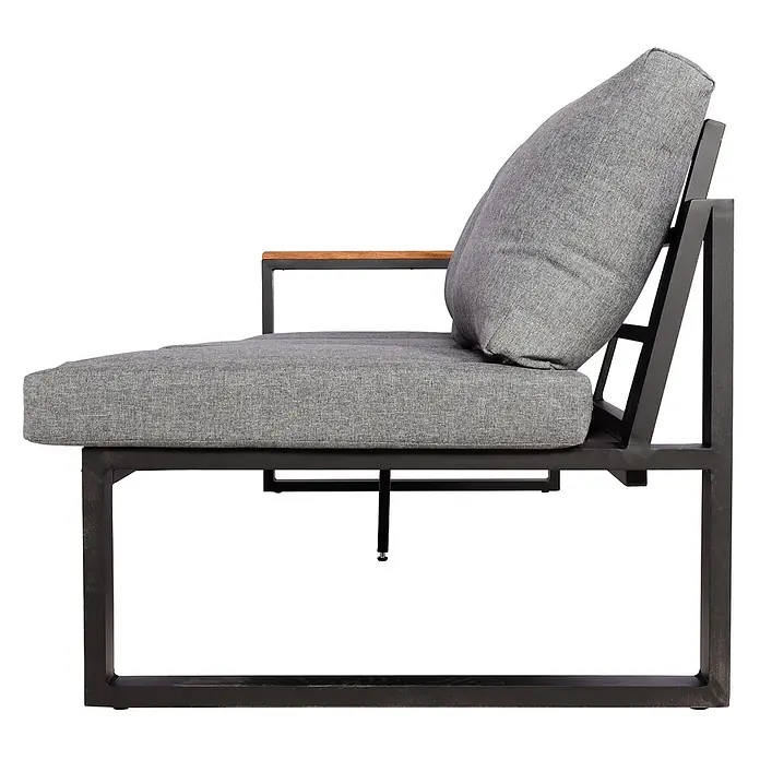 Mendler Garten-Garnitur HWC-L26 Aluminium - dunkelgrau -  - Moderner Loungesessel mit dunklem Metallrahmen, grauen Kissen und Holzarmlehne.