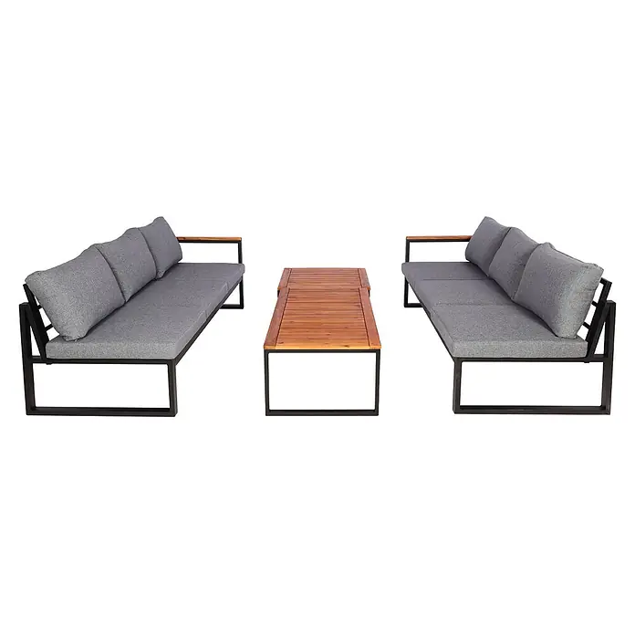 Mendler Garten-Garnitur HWC-L26 Aluminium - dunkelgrau -  - Outdoor-Loungeset: zwei grau gepolsterte Sofas mit schwarzen Metallrahmen & Holzarmlehnen, sowie ein Couchtisch aus Holz.