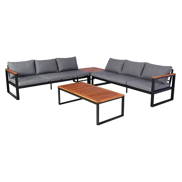 Mendler Garten-Garnitur HWC-L26 Aluminium - dunkelgrau -  - Outdoor-Lounge-Set mit zwei Sofas und einem Couchtisch, mit schwarzen Metallrahmen, dunkelgrauen Kissen und Holzdetails.