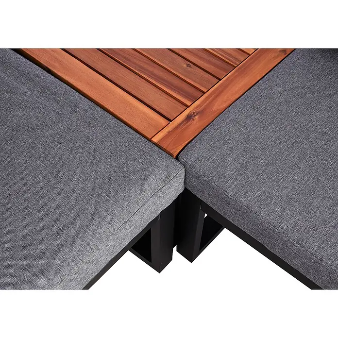 Mendler Garten-Garnitur HWC-L26 Aluminium - dunkelgrau -  - Eck-Gartenmöbel mit grauen Kissen und einer Holztischplatte.