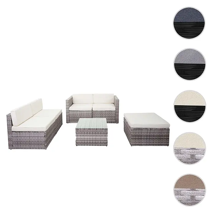Mendler Poly-Rattan-Garnitur HWC-D24 - grau, Polster creme -  - Graues Rattan-Gartenmöbelset mit cremefarbenen Kissen: langes Sofa, Zweisitzer, Couchtisch, Ottomane. Inklusive Materialmuster.